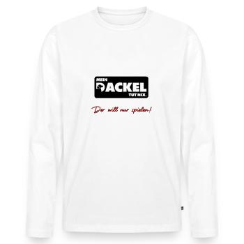 Mein Dackel tut nix. Der will nur spielen - Männer Premium Bio Langarmshirt - Weiß - Vorne - Nico (187cm)
