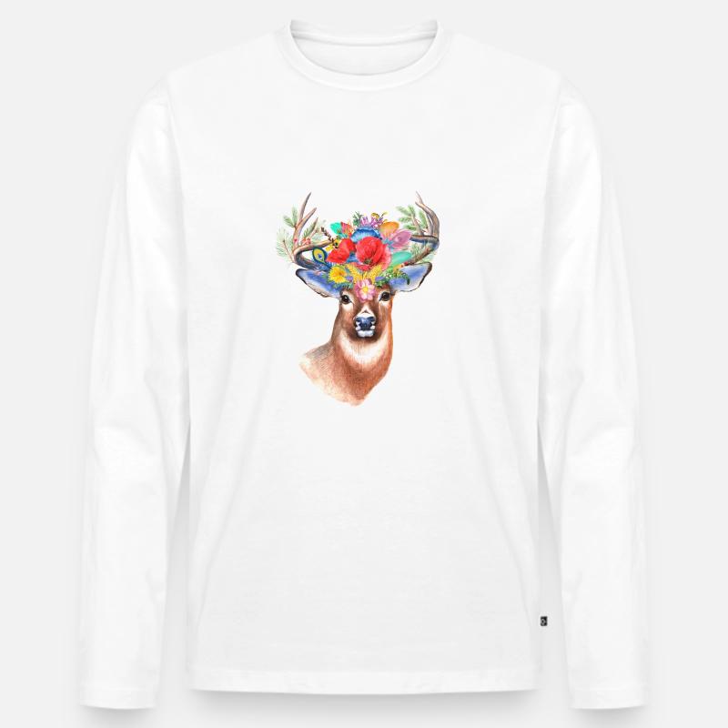 Hirsch mit Blumen - Männer Premium Bio Langarmshirt - Weiß
