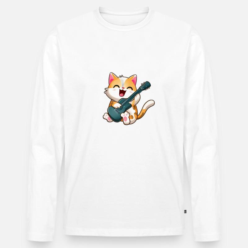 Katze mit Gitarre - Männer Premium Bio Langarmshirt - Weiß