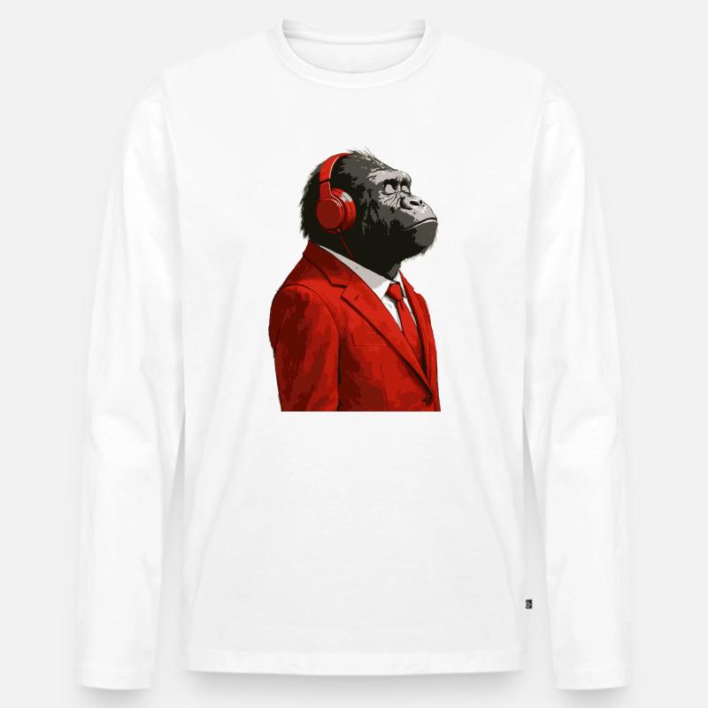 Gorilla im Anzug mit Kopfhörern - Männer Premium Bio Langarmshirt - Weiß