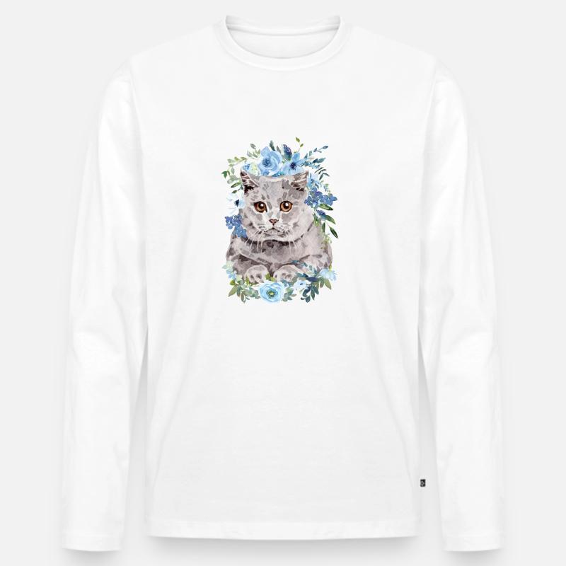 Britisch Kurzhaar Katze mit Blumen - Aquarell - Männer Premium Bio Langarmshirt - Weiß