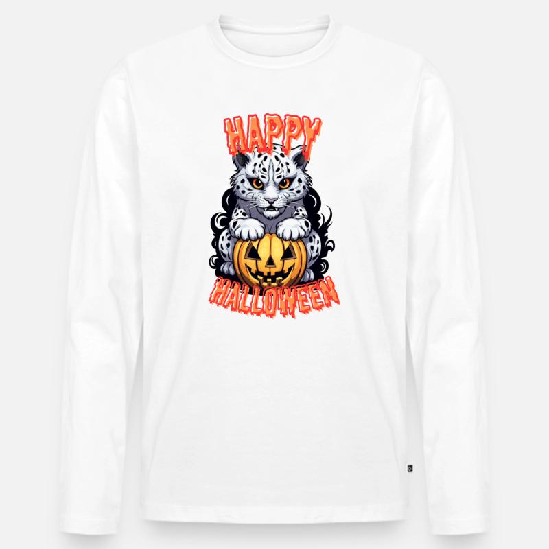 Halloween Schnee-Leopard mit Kürbis - Männer Premium Bio Langarmshirt - Weiß