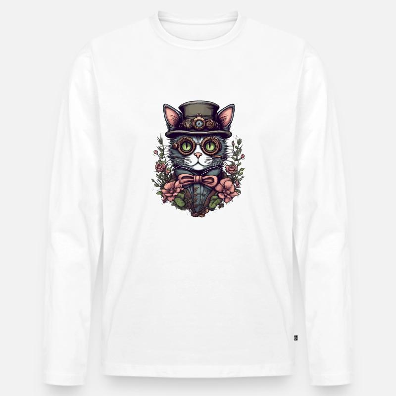 Steampunk Katze - Männer Premium Bio Langarmshirt - Weiß