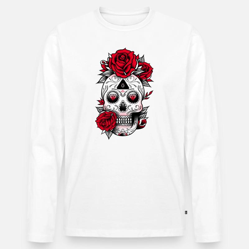 Schädel mit Rosen - Männer Premium Bio Langarmshirt - Weiß