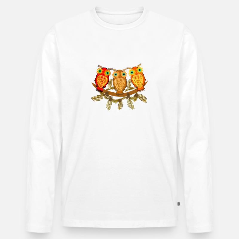 Drei bunte Eulen mit Kiefernzweigen - Männer Premium Bio Langarmshirt - Weiß