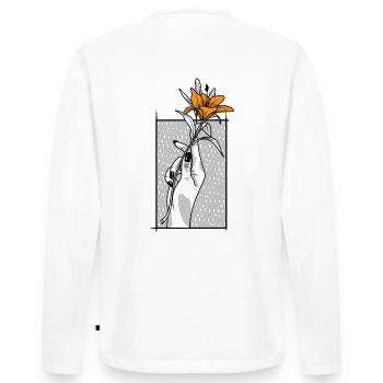 Hand mit Lilie | Orange - Männer Premium Bio Langarmshirt - Weiß - Hinten - Nico (187cm)