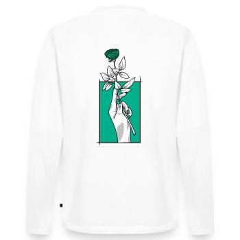 Hand mit Rose | Blau - Männer Premium Bio Langarmshirt - Weiß - Hinten - Nico (187cm)