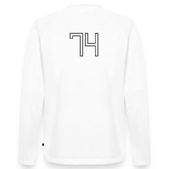 Number 74 (University Style) - Men's Premium Organic Long Sleeve Shirt - white - Back - Nico (187cm)