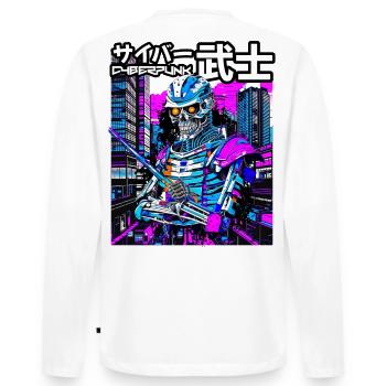 Cyber-Samurai Skelett Neon City - Männer Premium Bio Langarmshirt - Weiß - Hinten - Nico (187cm)