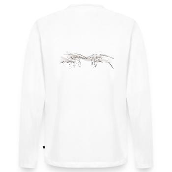 Connected hands through imaginary band - Men's Premium Organic Long Sleeve Shirt - white - Back - Nico (187cm)