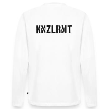 KNZLRMT – Künstlerkollektive Berlin, Stencil Bk - Männer Premium Bio Langarmshirt - Weiß - Hinten - Nico (187cm)