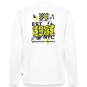 MTV Est. 1981 NYC Logo Back Print Design - Men's Premium Organic Long Sleeve Shirt - white - Back - Nico (187cm)