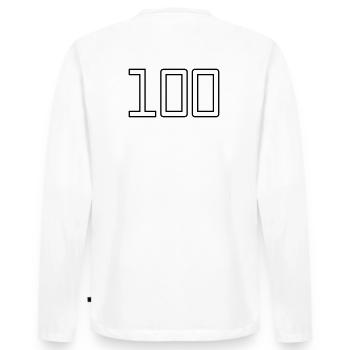Number 100 (University Style) - Men's Premium Organic Long Sleeve Shirt - white - Back - Nico (187cm)