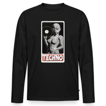 Young DJ woman with a record in her hand. - Men's Premium Organic Long Sleeve Shirt - black - Front - Nico (187cm)