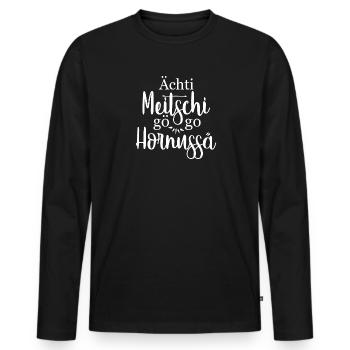 Ächti Meitschi gö go Hornussä - Männer Premium Bio Langarmshirt - Schwarz - Vorne - Nico (187cm)