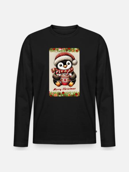 Christmas Penguin with Hot Chocolate - Men's Premium Organic Long Sleeve Shirt - black