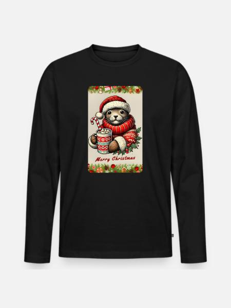 Christmas otter with hot chocolate - Men's Premium Organic Long Sleeve Shirt - black