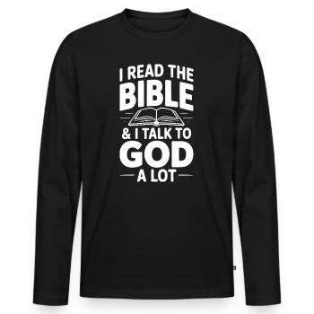 Je lis beaucoup la Bible et je parle beaucoup à Dieu - T-shirt manches longues Premium bio Homme - noir - Devant - Nico (187cm)