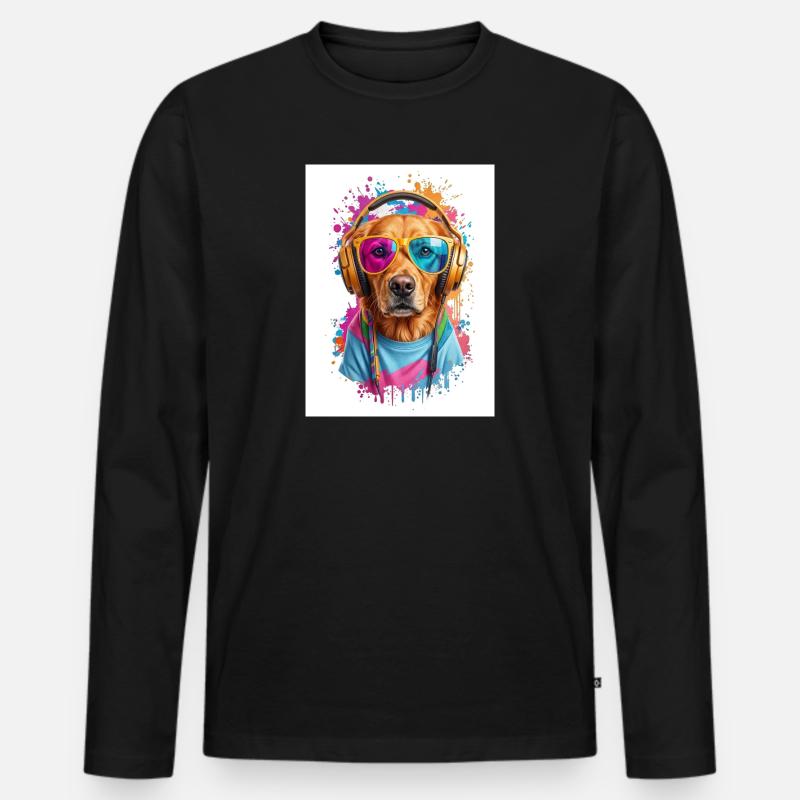 Bunter Hund mit Kopfhörern - Männer Premium Bio Langarmshirt - Schwarz