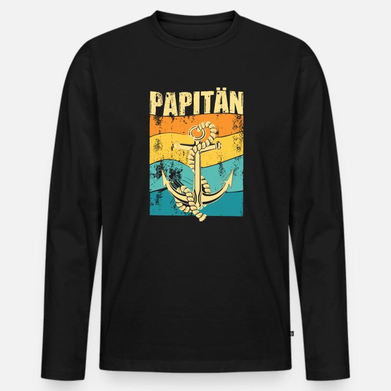 PAPITÄN - Retro Anker - Geschenkidee Papa - Männer Premium Bio Langarmshirt - Schwarz