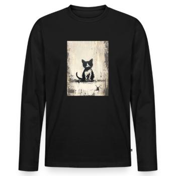 Cat Silhouette Drawing Canvas - Banksy Style - Men's Premium Organic Long Sleeve Shirt - black - Front - Nico (187cm)