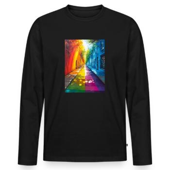 Regenbogen Straße in der Stadt - Bunte Allee - Männer Premium Bio Langarmshirt - Schwarz - Vorne - Nico (187cm)