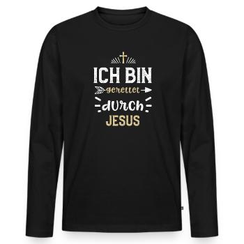 Ich bin gerettet durch Jesus - Männer Premium Bio Langarmshirt - Schwarz - Vorne - Nico (187cm)