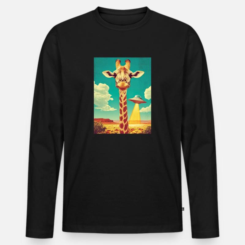 Retro Giraffe mit UFO - Männer Premium Bio Langarmshirt - Schwarz