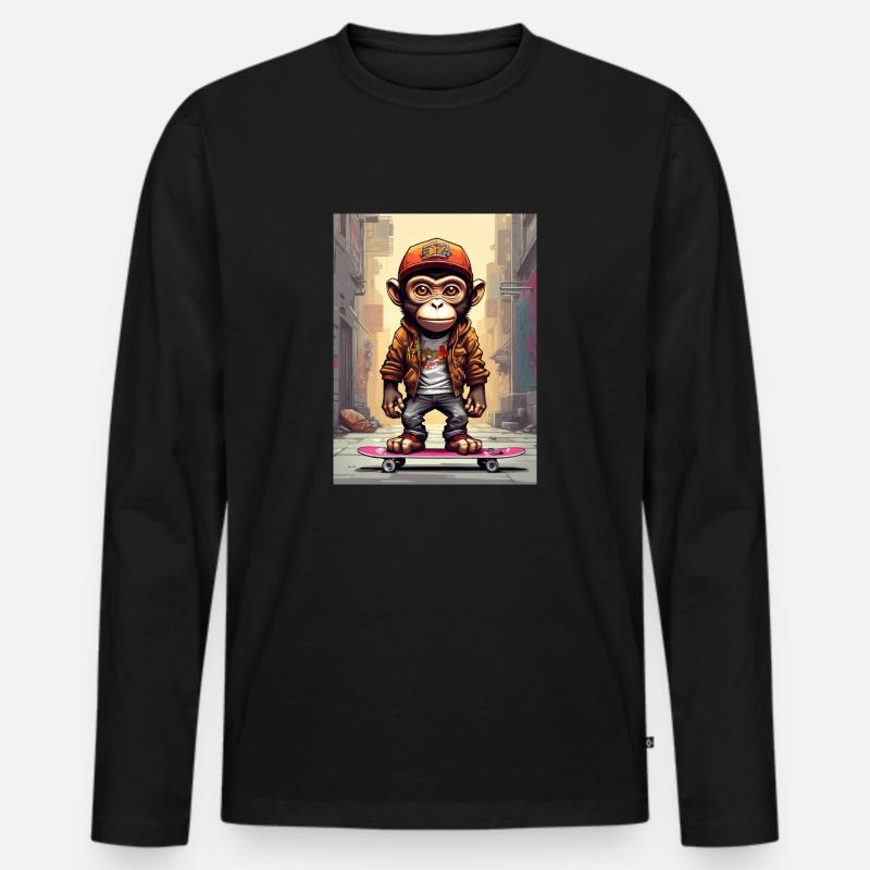 Comic Affe auf Skateboard - Männer Premium Bio Langarmshirt - Schwarz