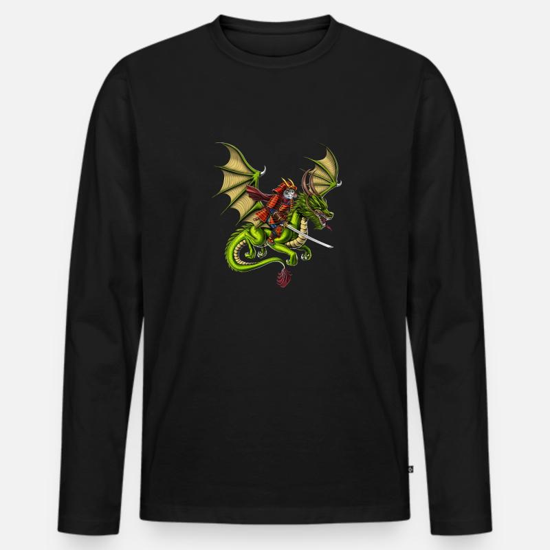 Giapponese Samurai Gatto Cavalca Drago - Maglia a manica lunga ecologica premium da uomo - nero