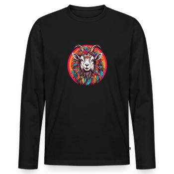 Chèvre Billy avec coiffe de plumes et fleurs - T-shirt manches longues Premium bio Homme - noir - Devant - Nico (187cm)