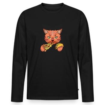 Pizzeria Cat Eating Tacos And Pizza - Men's Premium Organic Long Sleeve Shirt - black - Front - Nico (187cm)
