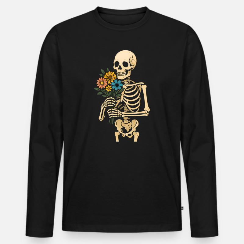 Skelett mit Blumenstrauß - Männer Premium Bio Langarmshirt - Schwarz