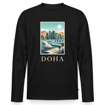 Doha Waterfront Cityscape Qatar Travel Poster - Men's Premium Organic Long Sleeve Shirt - black - Front - Nico (187cm)