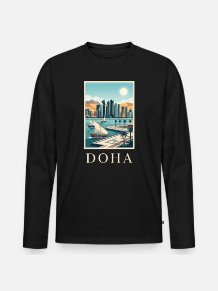 Doha Waterfront Cityscape Katar Reiseplakat - Männer Premium Bio Langarmshirt - Schwarz