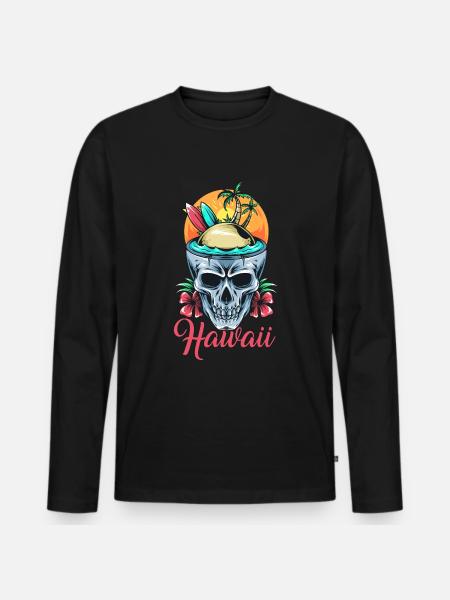 Hawaii Skull Surfing Flowers - Men's Premium Organic Long Sleeve Shirt - black