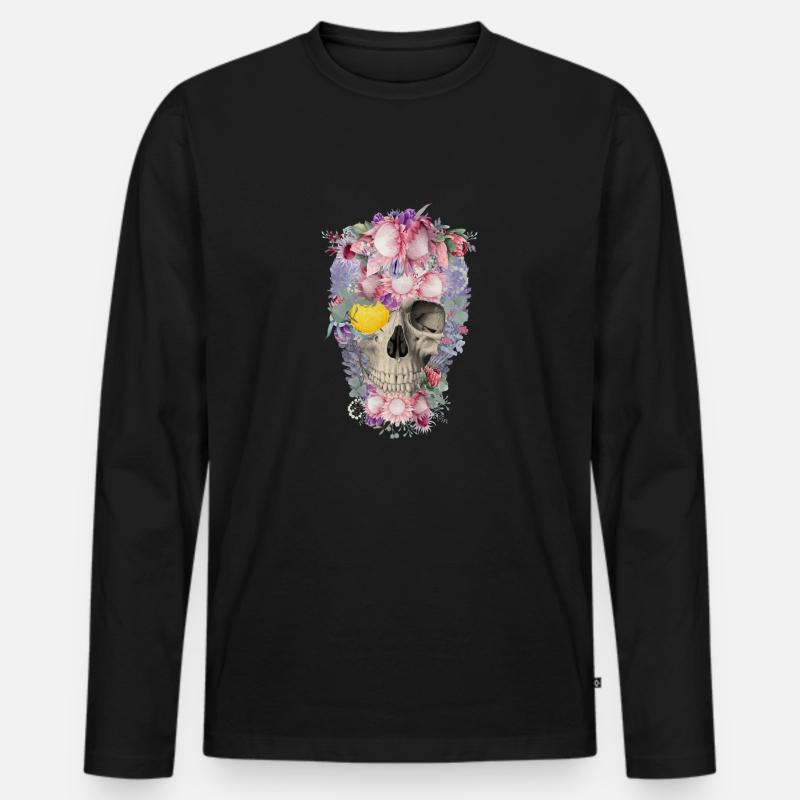 Totenkopf mit Blumen - Männer Premium Bio Langarmshirt - Schwarz