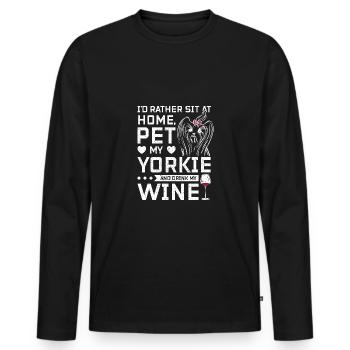 Asseyez-vous à la maison et buvez du vin avec mon Yorkie - T-shirt manches longues Premium bio Homme - noir - Devant - Nico (187cm)