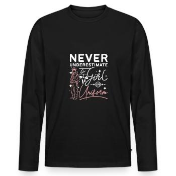 Never underestimate a girl in uniform - Men's Premium Organic Long Sleeve Shirt - black - Front - Nico (187cm)