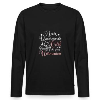 Never underestimate a girl who plays harmonica - Men's Premium Organic Long Sleeve Shirt - black - Front - Nico (187cm)