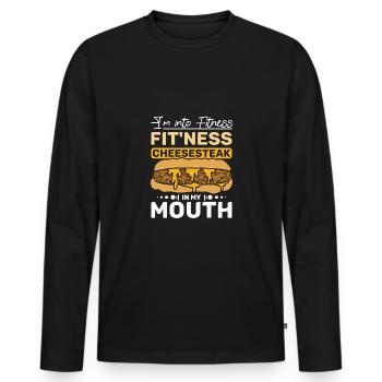 Je suis dans le fitness Fit’ness Cheesesteak dans la bouche - T-shirt manches longues Premium bio Homme - noir - Devant - Nico (187cm)