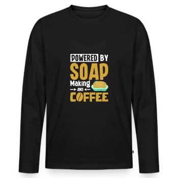 Powered by Soap Making and coffee - Männer Premium Bio Langarmshirt - Schwarz - Vorne - Nico (187cm)