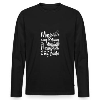 Music is my religion, the harmonica is my bible - Men's Premium Organic Long Sleeve Shirt - black - Front - Nico (187cm)