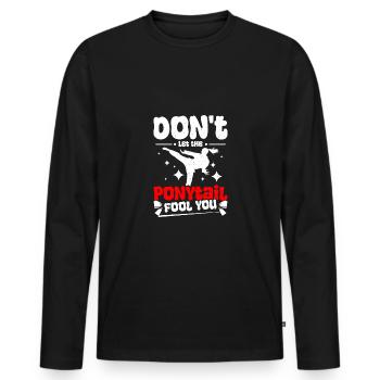 Wing chun Girl don't let the ponytail fool you - Men's Premium Organic Long Sleeve Shirt - black - Front - Nico (187cm)