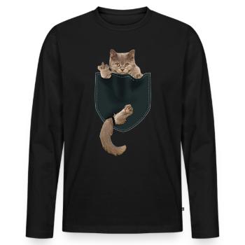 Lustige Katze in Tasche zeigt Mittelfinger - Männer Premium Bio Langarmshirt - Schwarz - Vorne - Nico (187cm)