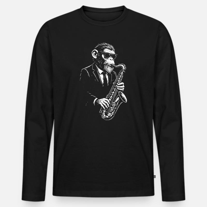 Jazz-Saxophon-Affe im Anzug - Männer Premium Bio Langarmshirt - Schwarz