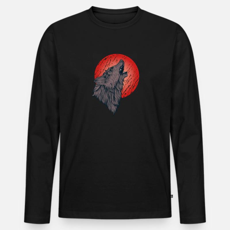 Heulender Wolf, Vollmond - Männer Premium Bio Langarmshirt - Schwarz