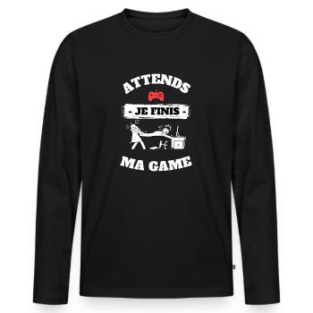 Attend je finis ma game - T-shirt manches longues Premium bio Homme - noir - Devant - Nico (187cm)