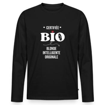 Certifiée bio - blonde intelligente originale - T-shirt manches longues Premium bio Homme - noir - Devant - Nico (187cm)