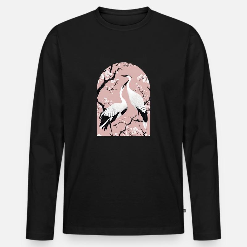 Kraniche und Kirschblüten - Männer Premium Bio Langarmshirt - Schwarz
